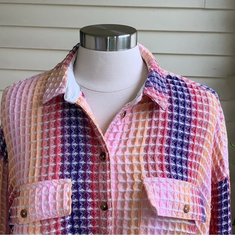 Urban Outfitters BDG S Rainbow Waffle Texture Button Up Shirt Jacket Oversized - Picture 6 of 10